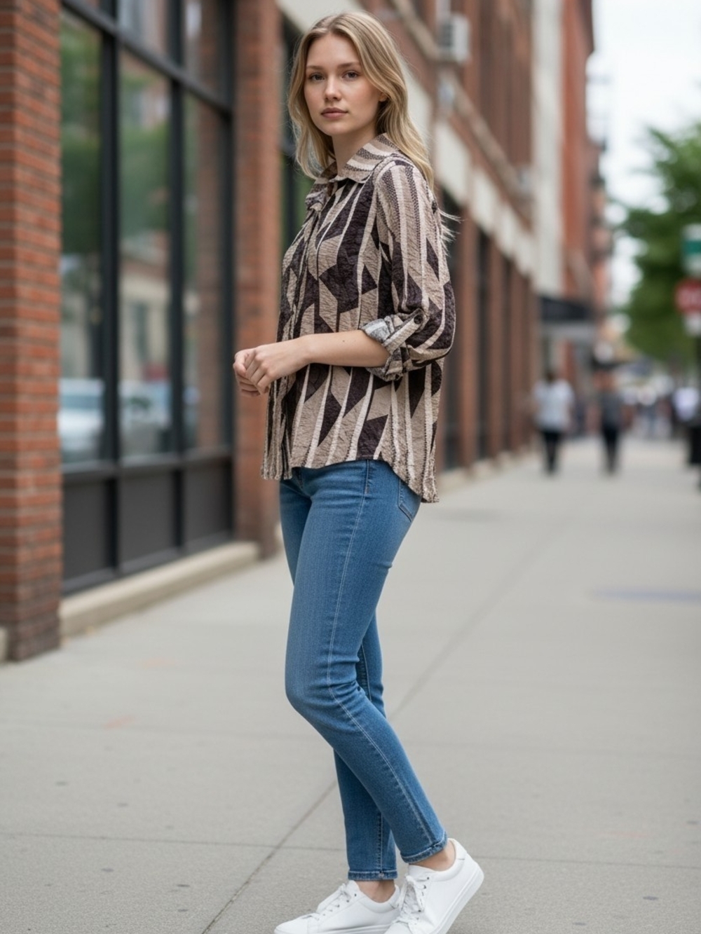 David Cline Geometric Stripe Snap Closure Blouse in Beige and Brown 3084
